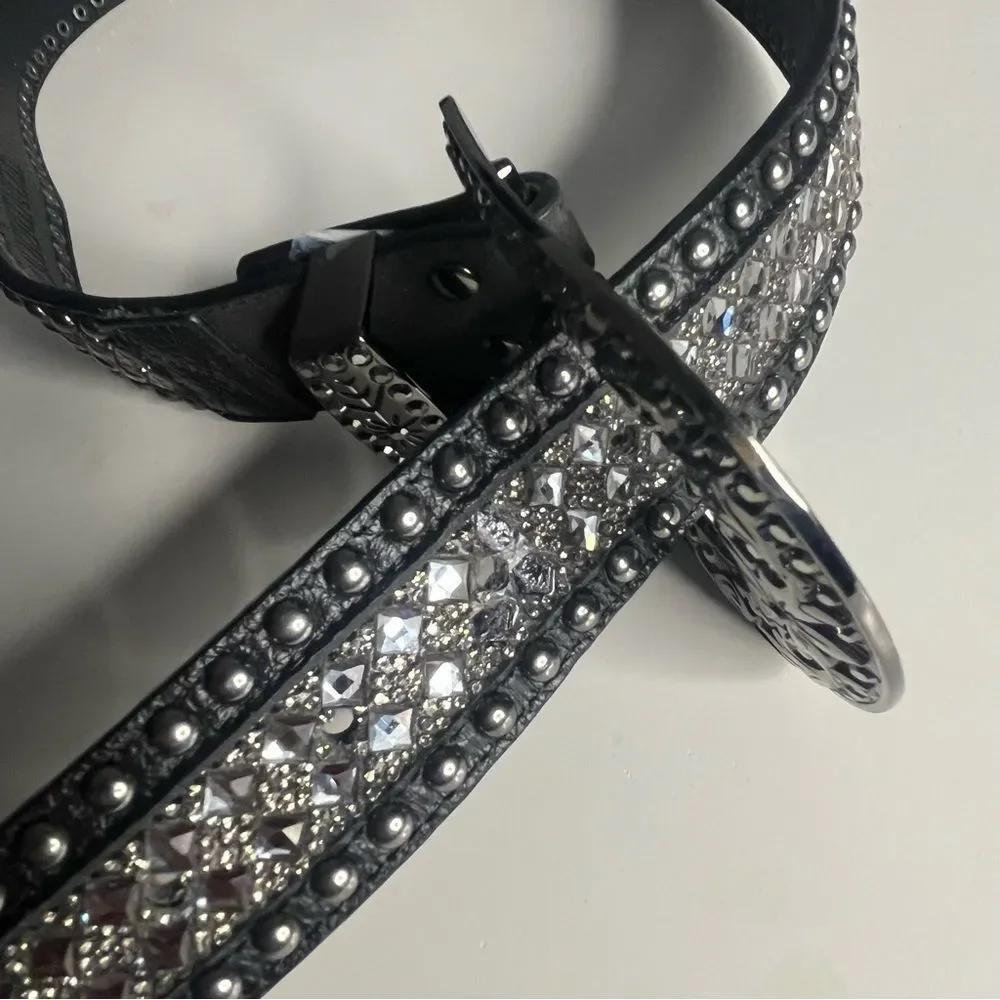 WONDERWEST Rhinestone Black Belt Leather Large Buckle Womens Size Medium